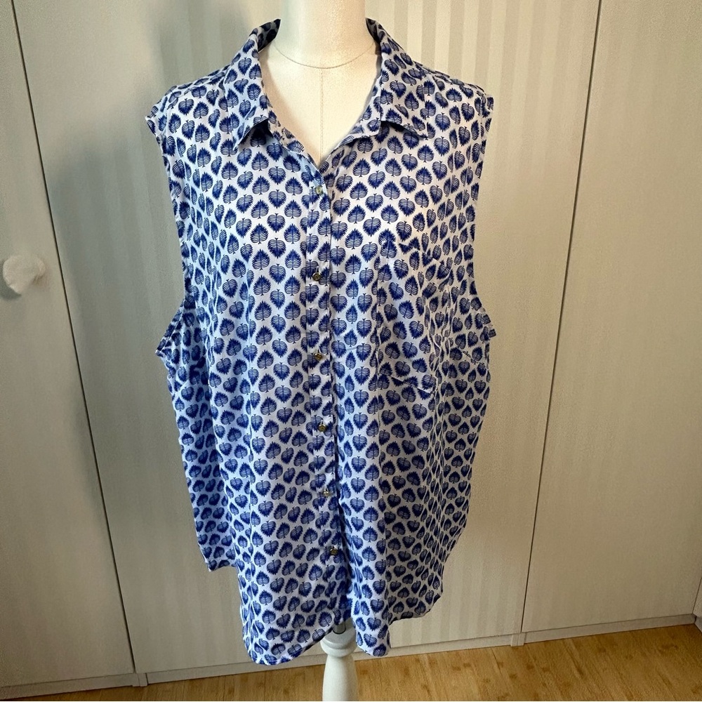 Liz Claiborne blue and white leaves light collared tank top Size 3X